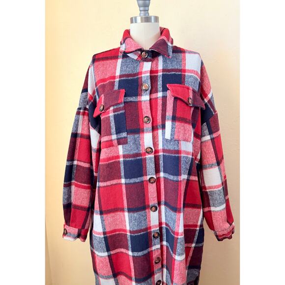 Red Plaid Flannel Women's Shirt Dress Shacket Size M/L Oversized Jacket - Picture 2 of 7